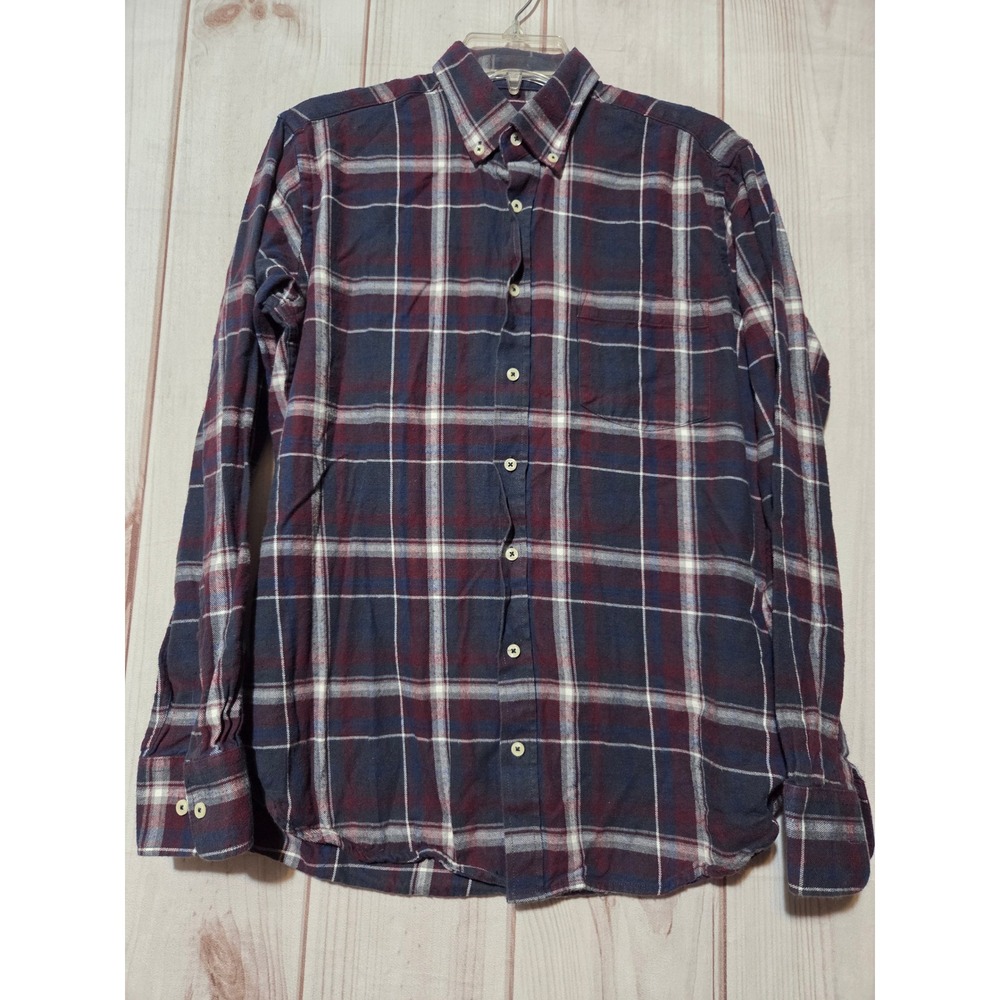 Montego Mens Modern Fit Flannel Shirt Burgundy Navy Blue Plaid Cotton Size M